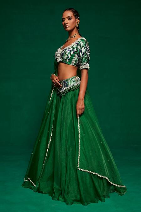 Buy_Payal & Zinal_Green Organza, Spandex Pearls, Sequins, Beads Waistband Embellished Lehenga Set _Online_at_Aza_Fashions