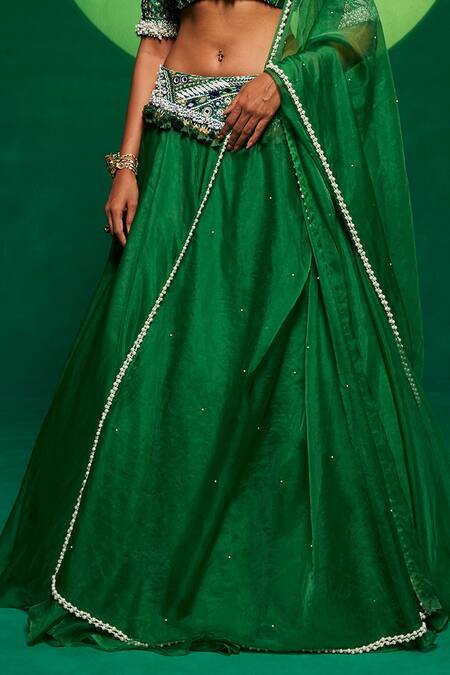 Shop Payal & Zinal Green Organza, Spandex Pearls, Sequins, Beads Waistband Embellished Lehenga Set Online at Aza Fashions Shop_Payal & Zinal_Green Organza, Spandex Pearls, Sequins, Beads Waistband Embellished Lehenga Set _Online_at_Aza_Fashions