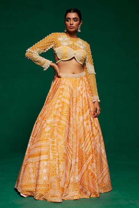 Payal & Zinal Yellow Net Printed Abstract Round Lehenga And Blouse Set 