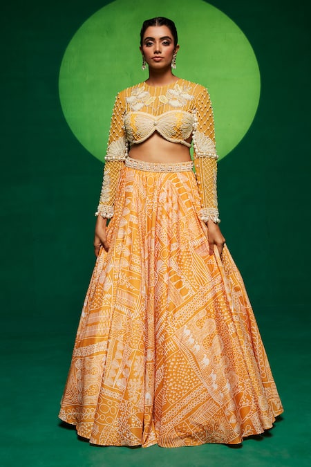 Payal & Zinal_Yellow Net, Muslin, Gabardine, Gingham Abstract Print Lehenga And Blouse Set _Online_at_Aza_Fashions