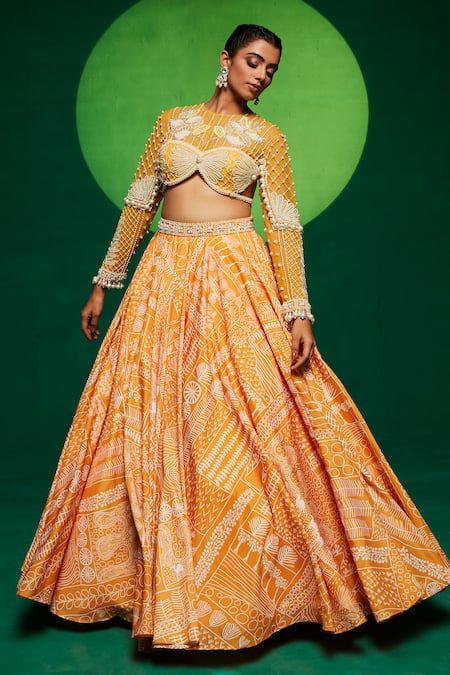 Buy_Payal & Zinal_Yellow Net, Muslin, Gabardine, Gingham Abstract Print Lehenga And Blouse Set _Online_at_Aza_Fashions