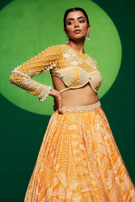 Shop_Payal & Zinal_Yellow Net, Muslin, Gabardine, Gingham Abstract Print Lehenga And Blouse Set _Online_at_Aza_Fashions