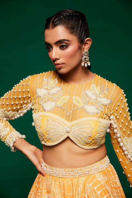Payal & Zinal_Yellow Net, Muslin, Gabardine, Gingham Abstract Print Lehenga And Blouse Set _at_Aza_Fashions