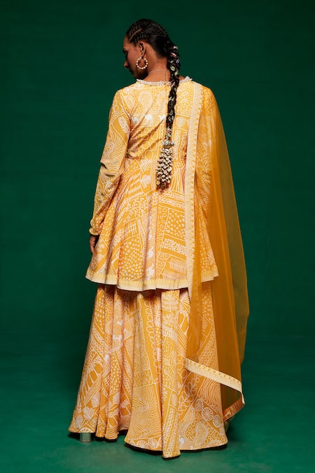 Shop_Payal & Zinal_Yellow French Crepe Printed Geometric V Neck Anarkali Set _at_Aza_Fashions
