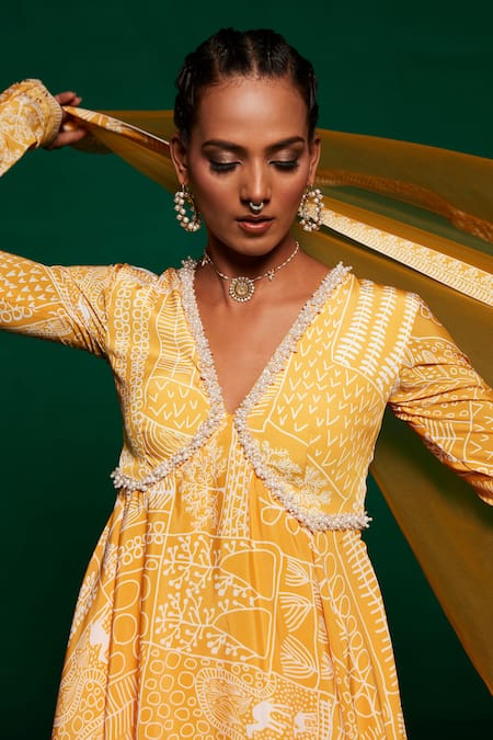 Payal & Zinal_Yellow French Crepe Printed Geometric V Neck Anarkali Set _at_Aza_Fashions