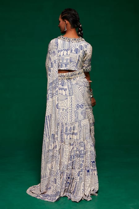 Shop_Payal & Zinal_Off White Crepe Stones, Embroidery Geometric Print Pre-draped Saree With Blouse _at_Aza_Fashions