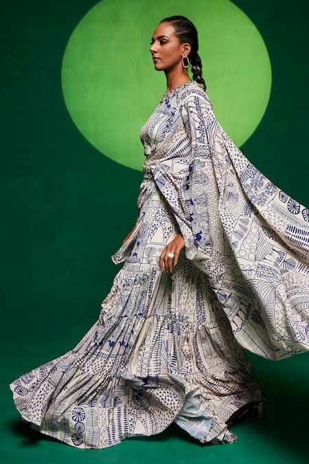 Payal & Zinal_Off White Crepe Stones, Embroidery Geometric Print Pre-draped Saree With Blouse _Online_at_Aza_Fashions