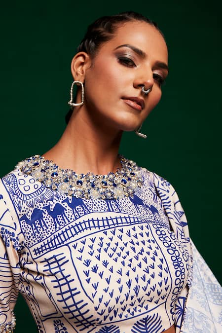 Shop_Payal & Zinal_Off White Crepe Stones, Embroidery Geometric Print Pre-draped Saree With Blouse _Online_at_Aza_Fashions