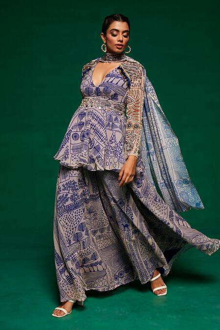 Payal & Zinal_Off White Georgette Printed Tribal Geometric V Neck Kurta Set _Online_at_Aza_Fashions