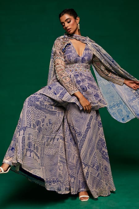 Buy_Payal & Zinal_Off White Georgette Printed Tribal Geometric V Neck Kurta Set _Online_at_Aza_Fashions