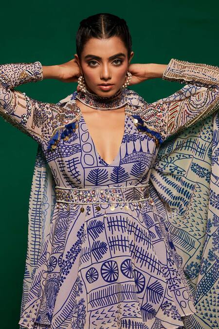 Payal & Zinal_Off White Georgette Printed Tribal Geometric V Neck Kurta Set _at_Aza_Fashions
