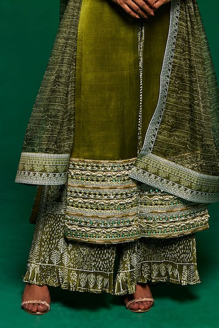 Payal & Zinal_Green Organza, Cotton, Gingham Pearls, Mirrors, Printed Jumpsuit Set With Shrug _Online_at_Aza_Fashions