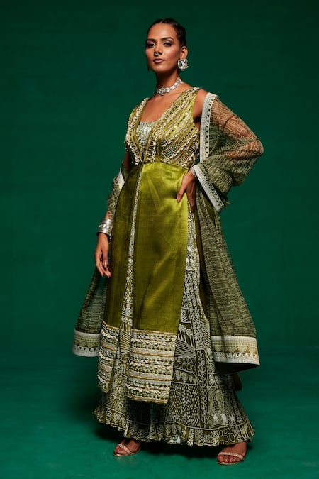 Buy_Payal & Zinal_Green Organza, Cotton, Gingham Pearls, Mirrors, Printed Jumpsuit Set With Shrug _Online_at_Aza_Fashions