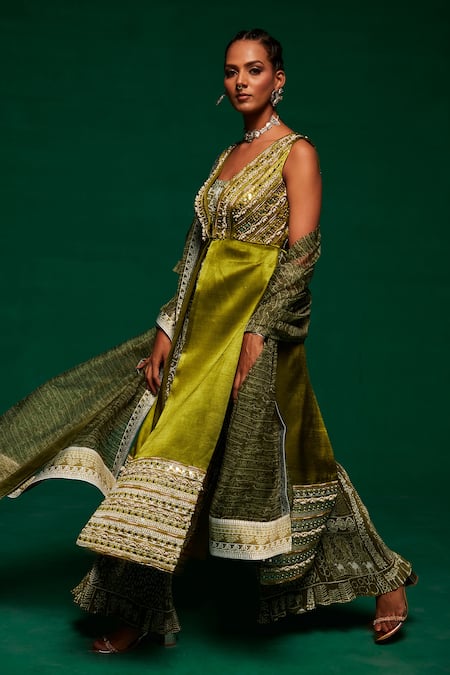 Shop_Payal & Zinal_Green Organza, Cotton, Gingham Pearls, Mirrors, Printed Jumpsuit Set With Shrug _Online_at_Aza_Fashions