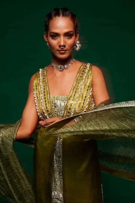 Payal & Zinal_Green Organza, Cotton, Gingham Pearls, Mirrors, Printed Jumpsuit Set With Shrug _at_Aza_Fashions