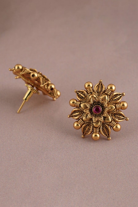 Smars Jewelry_Gold Plated Stones Carved Floral Stud Earrings _Online_at_Aza_Fashions