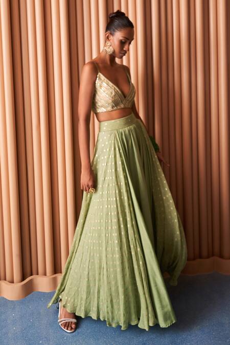 Shop_Rishi and Vibhuti_Green Chanderi, Organza Sequins, Lace V-neck Embellished Cape Lehenga Set _Online_at_Aza_Fashions