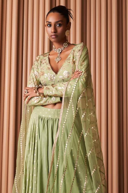 Rishi and Vibhuti Green Chanderi, Net Sequins V-neck Flora Embellished Blouse Lehenga Set Online at Aza Fashions Rishi and Vibhuti_Green Chanderi, Net Sequins V-neck Flora Embellished Blouse Lehenga Set _Online_at_Aza_Fashions