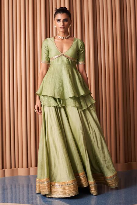 Buy Rishi and Vibhuti Green Chanderi, Georgette Sequins, Lace Trim Embellished Kurta Lehenga Set Online at Aza Fashions Buy_Rishi and Vibhuti_Green Chanderi, Georgette Sequins, Lace Trim Embellished Kurta Lehenga Set _Online_at_Aza_Fashions