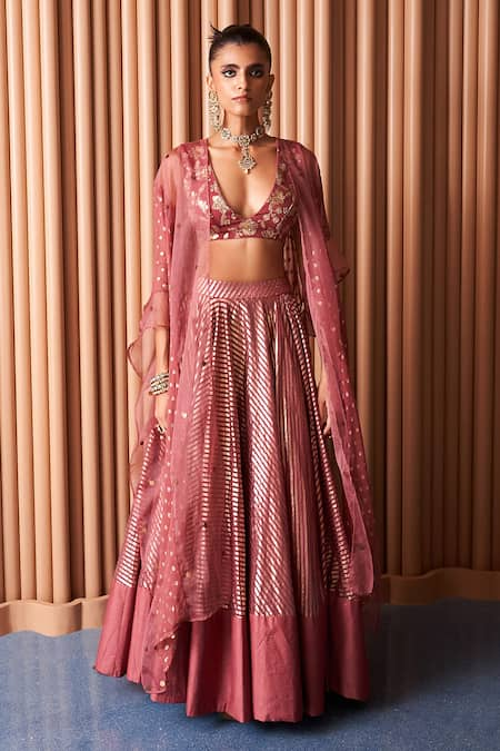 Rishi and Vibhuti Pink Chanderi Embroidered Thread V Neck Frost Lehenga Set 