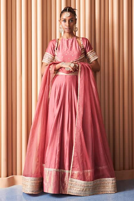 Rishi and Vibhuti Pink Organza Embroidered Thread Round Vintage Rose Lehenga Set 