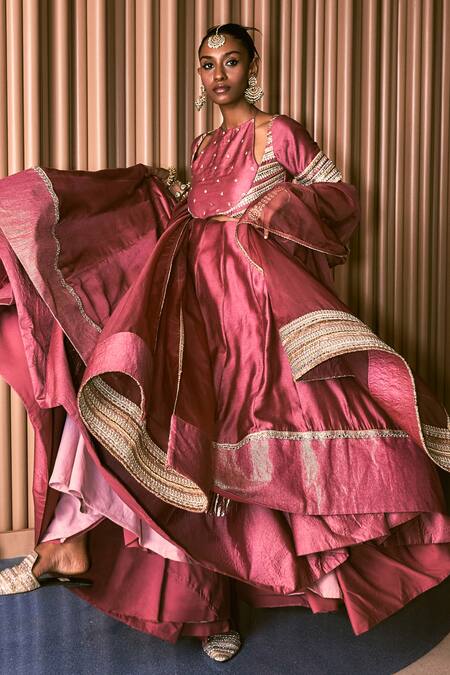 Rishi and Vibhuti Pink Organza, Chanderi Sequins, Embroidery Round Neck Vintage Rose Lehenga Set Online at Aza Fashions Rishi and Vibhuti_Pink Organza, Chanderi Sequins, Embroidery Round Neck Vintage Rose Lehenga Set _Online_at_Aza_Fashions