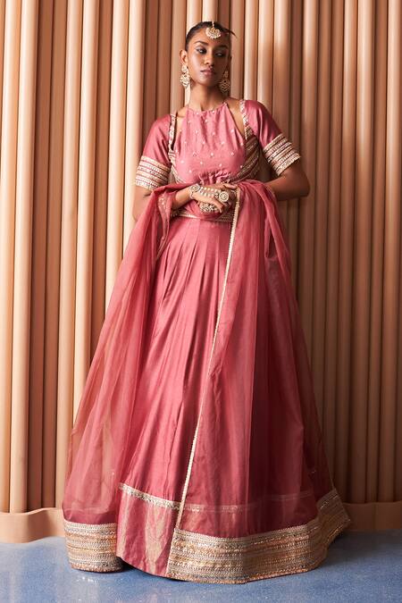 Buy Rishi and Vibhuti Pink Organza, Chanderi Sequins, Embroidery Round Neck Vintage Rose Lehenga Set Online at Aza Fashions Buy_Rishi and Vibhuti_Pink Organza, Chanderi Sequins, Embroidery Round Neck Vintage Rose Lehenga Set _Online_at_Aza_Fashions