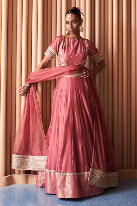 Rishi and Vibhuti Pink Organza, Chanderi Sequins, Embroidery Round Neck Vintage Rose Lehenga Set at Aza Fashions Rishi and Vibhuti_Pink Organza, Chanderi Sequins, Embroidery Round Neck Vintage Rose Lehenga Set _at_Aza_Fashions