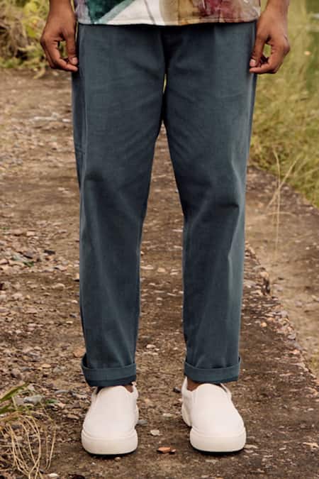 Shop_Kharakapas_Blue Twill, Cotton Pleated Trouser _Online_at_Aza_Fashions