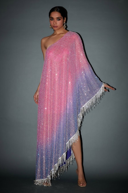 Itrh Pink Net Embellished Crystals Asymmetric Neck Becca Ombre Kaftan  