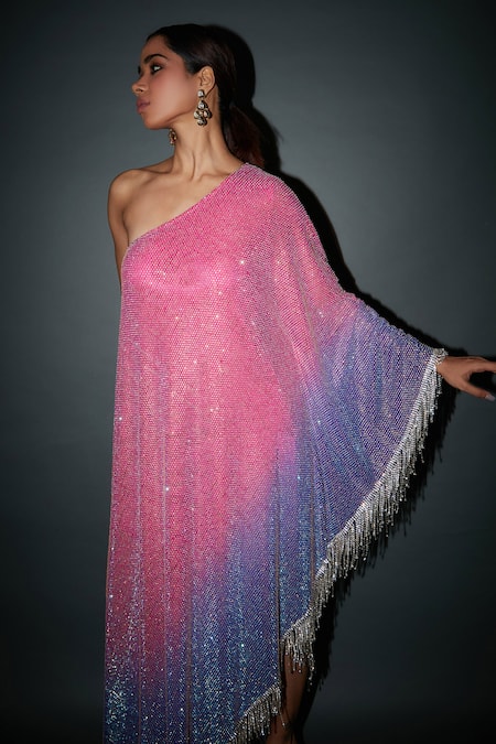 Itrh_Pink Net Embellished Crystals Asymmetric Neck Becca Ombre Kaftan_Online_at_Aza_Fashions