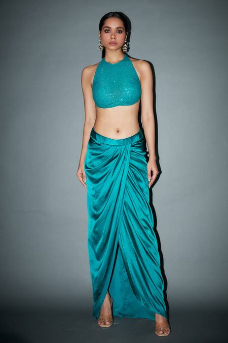 Itrh_Green Satin, Net Crystals Halter Neck Sabrinna Cape Draped Skirt Set _Online_at_Aza_Fashions