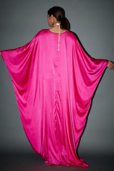Shop_Itrh_Pink Satin Crystals V-neck Lauran Kaftan _at_Aza_Fashions