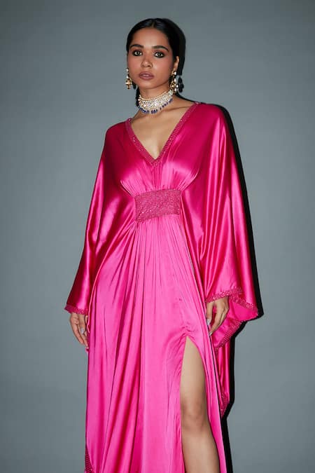 Itrh_Pink Satin Crystals V-neck Lauran Kaftan _Online_at_Aza_Fashions