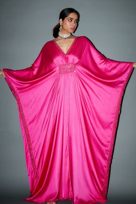 Buy_Itrh_Pink Satin Crystals V-neck Lauran Kaftan _Online_at_Aza_Fashions