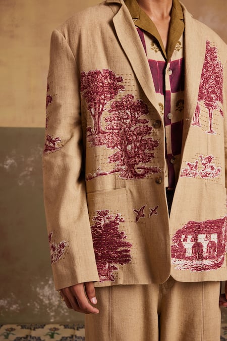 Shop Cord Beige Linen Embroidery Odyssey Toile Print Blazer With Pant Online at Aza Fashions Shop_Cord_Beige Linen Embroidery Odyssey Toile Print Blazer With Pant_Online_at_Aza_Fashions