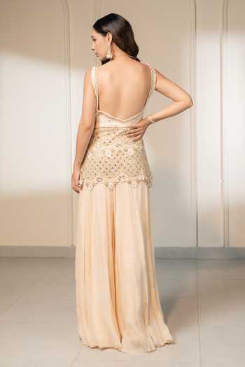 Saniya Sharma_Ivory Chiffon, Net Pearls, Mirrors, Crystals Embroidered Kurta Sharara Set _Online_at_Aza_Fashions