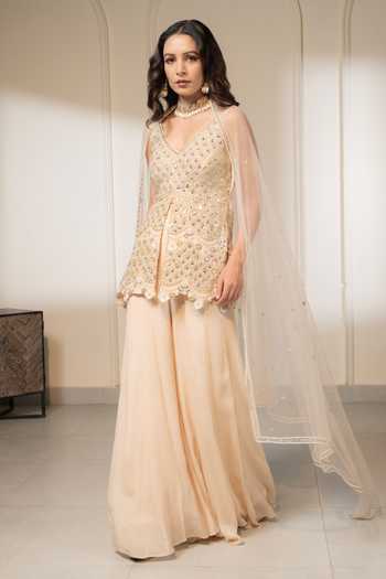 Buy_Saniya Sharma_Ivory Chiffon, Net Pearls, Mirrors, Crystals Embroidered Kurta Sharara Set _Online_at_Aza_Fashions