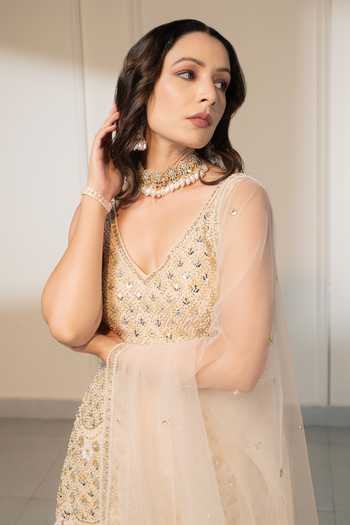 Shop_Saniya Sharma_Ivory Chiffon, Net Pearls, Mirrors, Crystals Embroidered Kurta Sharara Set _Online_at_Aza_Fashions