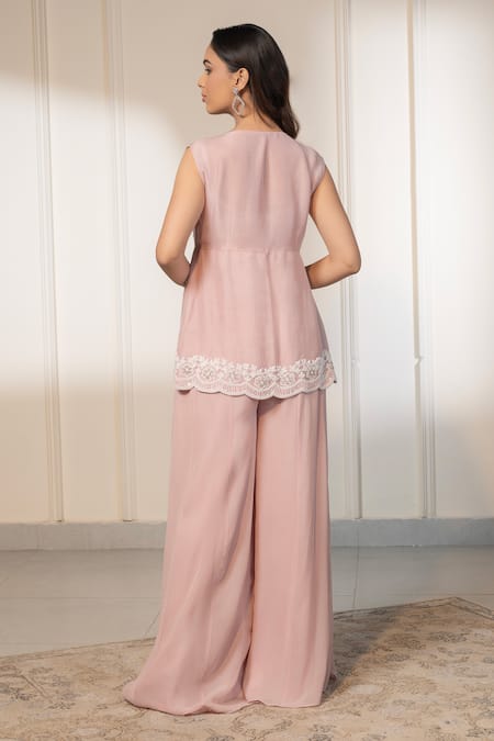 Saniya Sharma_Pink Organza, Georgette Beads, Pearls V-neck Embroidered Jacket With Sharara _Online_at_Aza_Fashions