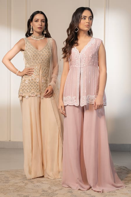 Shop_Saniya Sharma_Pink Organza, Georgette Beads, Pearls V-neck Embroidered Jacket With Sharara _Online_at_Aza_Fashions