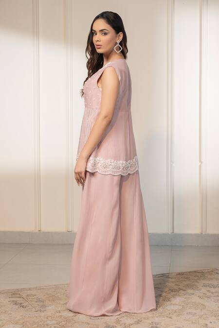 Saniya Sharma_Pink Organza, Georgette Beads, Pearls V-neck Embroidered Jacket With Sharara _at_Aza_Fashions