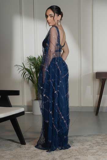 Buy_Saniya Sharma_Blue Modal, Net Crystals Scoop Neck Pre-draped Embellished Saree With Blouse _Online_at_Aza_Fashions