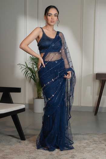 Shop_Saniya Sharma_Blue Modal, Net Crystals Scoop Neck Pre-draped Embellished Saree With Blouse _Online_at_Aza_Fashions