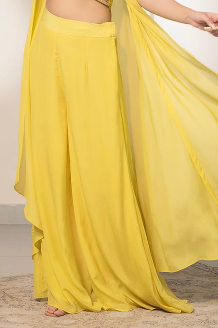Shop_Saniya Sharma_Yellow Net, Crepe Sequins V-neck Placement Embellished Cape Pant Set _Online_at_Aza_Fashions