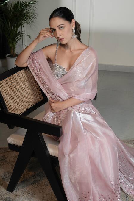 Saniya Sharma_Pink Organza, Net Sequins, Cut Work Asymmetric Embellished Saree And Blouse Set _at_Aza_Fashions