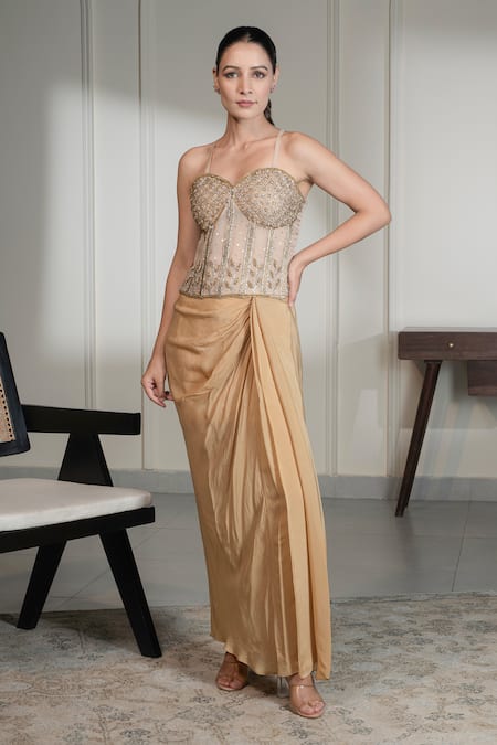 Saniya Sharma Crystal Embellished Corset With Draped Skirt 