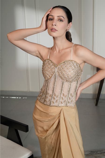 Shop_Saniya Sharma_Gold Organza, Crepe Crystals, Beads Embellished Corset With Draped Skirt _Online_at_Aza_Fashions