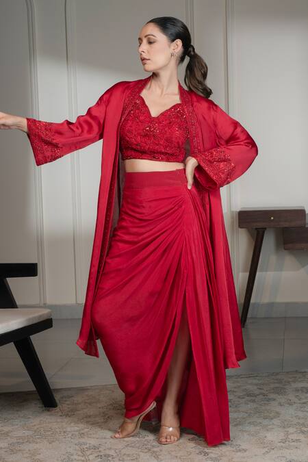 Buy_Saniya Sharma_Red Net, Satin, Crepe Sequins Placement Crystal Embellished Jacket Skirt Set _Online_at_Aza_Fashions