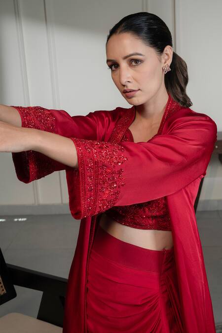 Shop_Saniya Sharma_Red Net, Satin, Crepe Sequins Placement Crystal Embellished Jacket Skirt Set _Online_at_Aza_Fashions